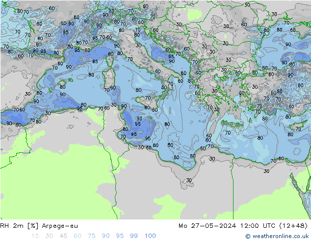 RH 2m Arpege-eu pon. 27.05.2024 12 UTC