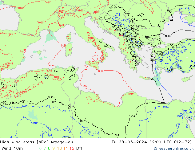 High wind areas Arpege-eu Tu 28.05.2024 12 UTC