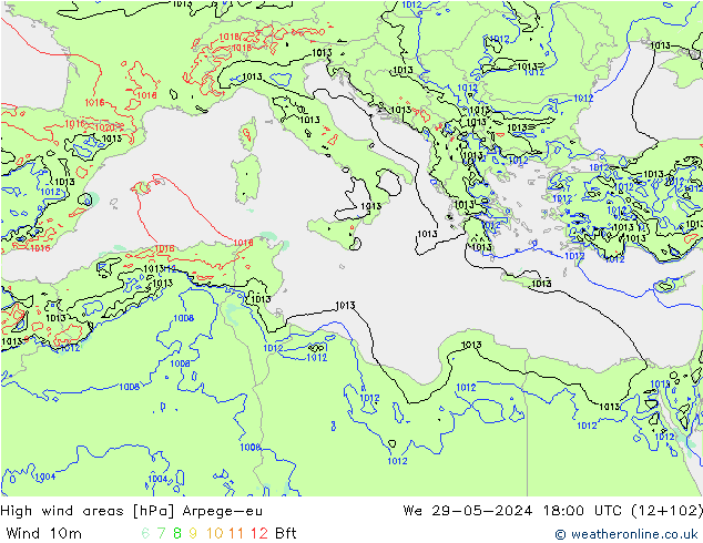 High wind areas Arpege-eu  29.05.2024 18 UTC