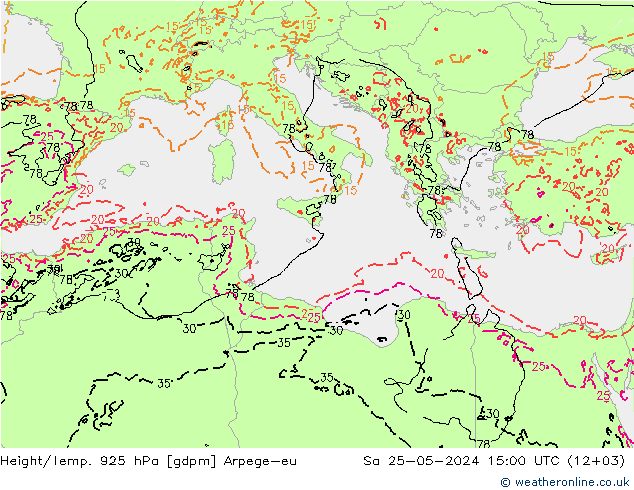 Height/Temp. 925 hPa Arpege-eu sab 25.05.2024 15 UTC