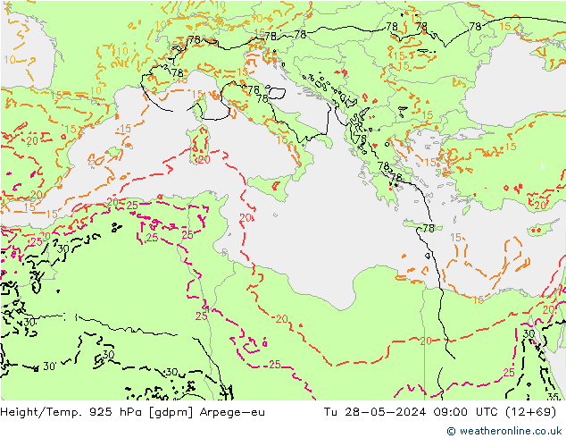 Height/Temp. 925 гПа Arpege-eu вт 28.05.2024 09 UTC