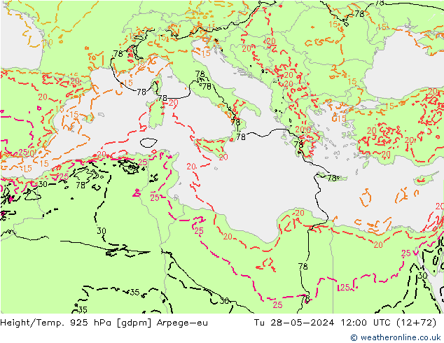 Height/Temp. 925 hPa Arpege-eu Út 28.05.2024 12 UTC