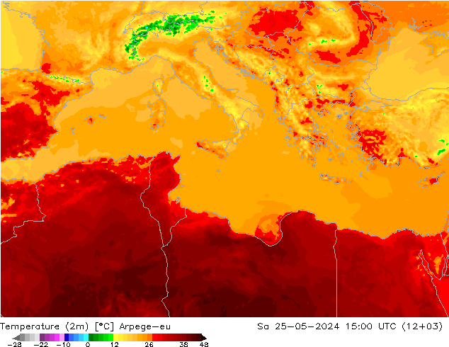 Temperatuurkaart (2m) Arpege-eu za 25.05.2024 15 UTC