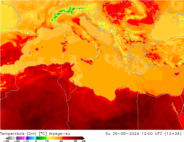 Temperatura (2m) Arpege-eu dom 26.05.2024 12 UTC