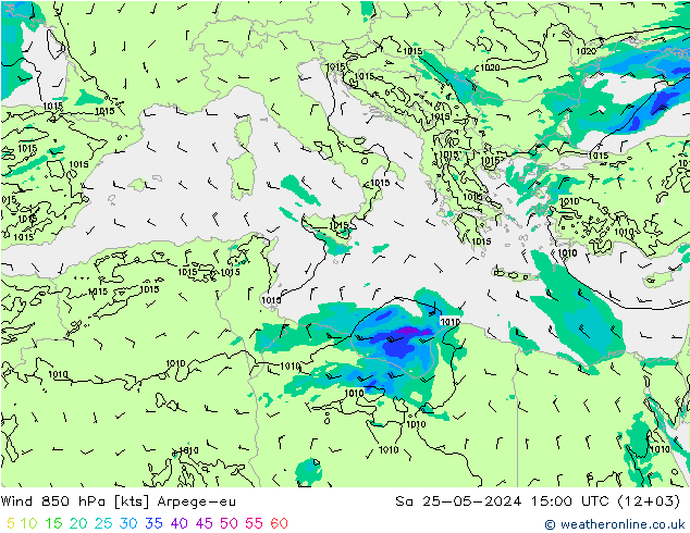 Vento 850 hPa Arpege-eu Sáb 25.05.2024 15 UTC