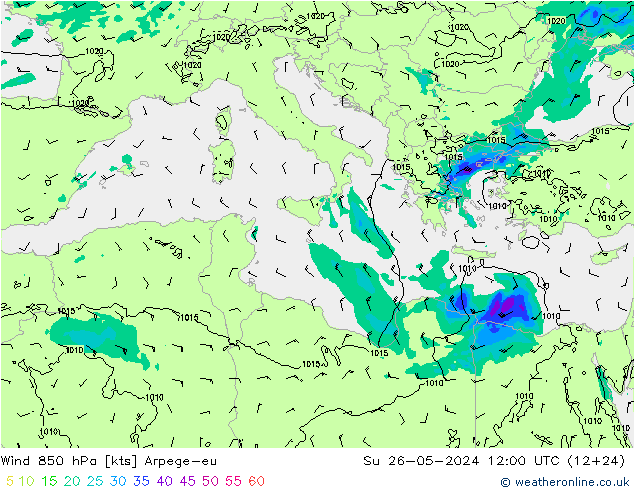 Wind 850 hPa Arpege-eu zo 26.05.2024 12 UTC