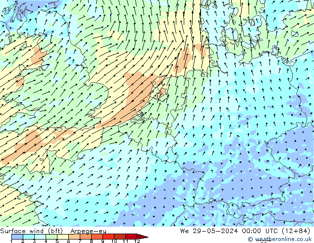 Viento 10 m (bft) Arpege-eu mié 29.05.2024 00 UTC