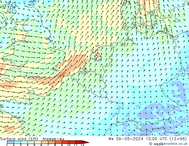 Viento 10 m (bft) Arpege-eu mié 29.05.2024 12 UTC