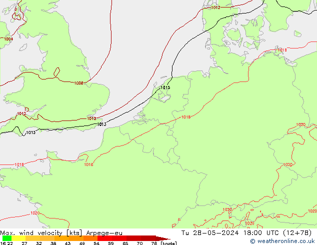Max. wind velocity Arpege-eu Út 28.05.2024 18 UTC