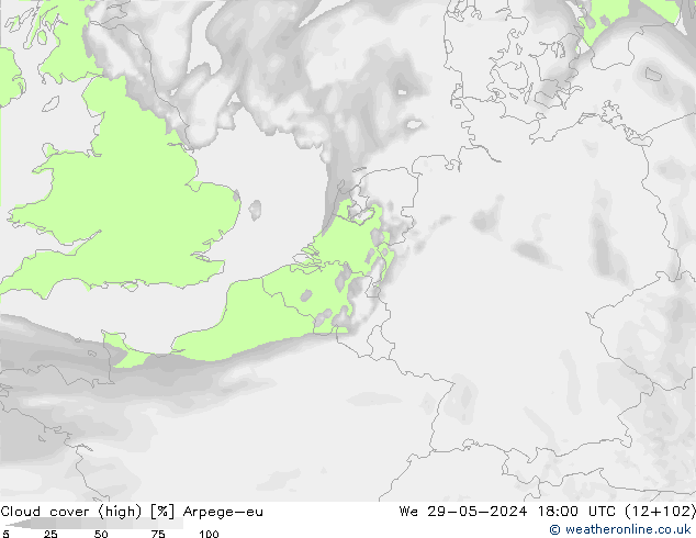 Cloud cover (high) Arpege-eu We 29.05.2024 18 UTC