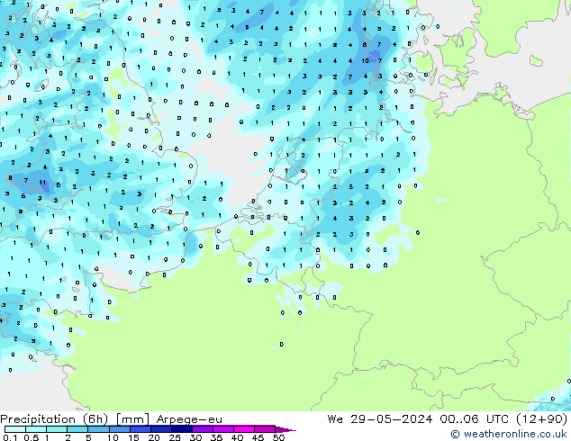 Précipitation (6h) Arpege-eu mer 29.05.2024 06 UTC