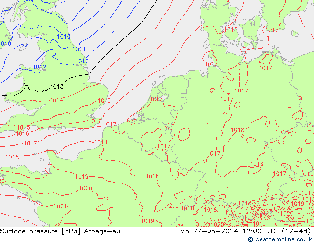 Surface pressure Arpege-eu Mo 27.05.2024 12 UTC