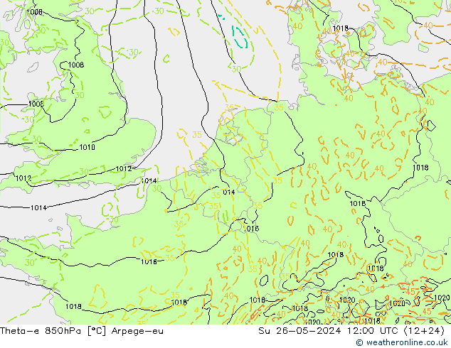 Theta-e 850hPa Arpege-eu Paz 26.05.2024 12 UTC