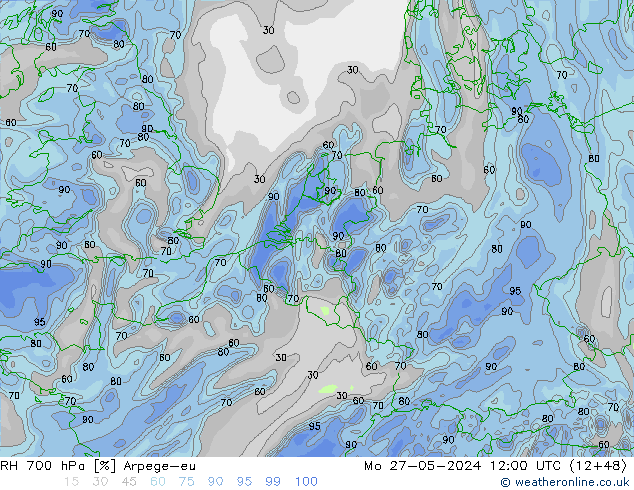Humedad rel. 700hPa Arpege-eu lun 27.05.2024 12 UTC