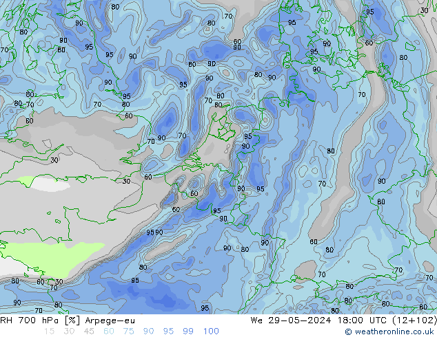 RH 700 hPa Arpege-eu Mi 29.05.2024 18 UTC