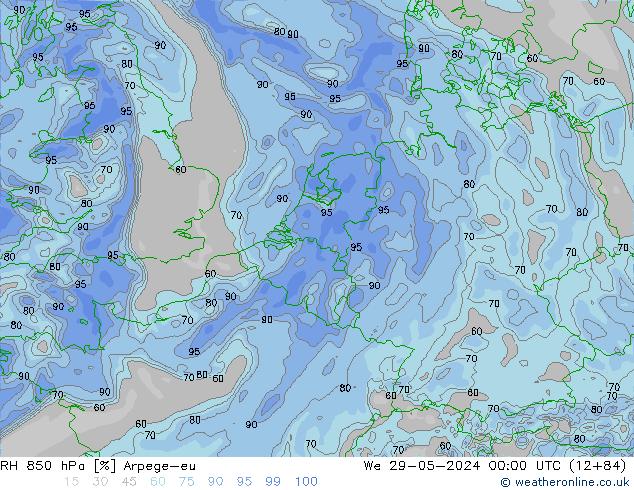 Humidité rel. 850 hPa Arpege-eu mer 29.05.2024 00 UTC