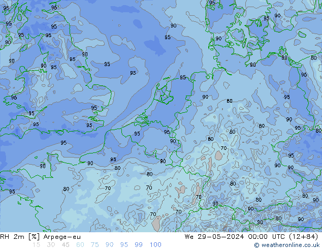 RH 2m Arpege-eu mer 29.05.2024 00 UTC