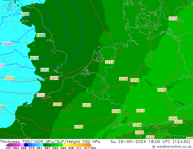 Thck 700-1000 гПа Arpege-eu Вс 26.05.2024 18 UTC