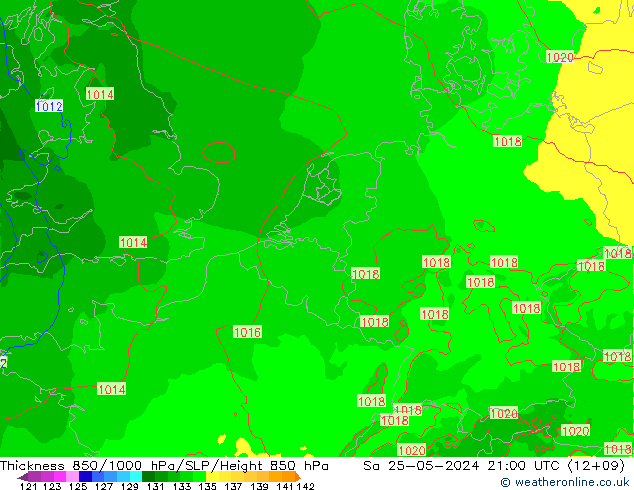 Dikte 850-1000 hPa Arpege-eu za 25.05.2024 21 UTC