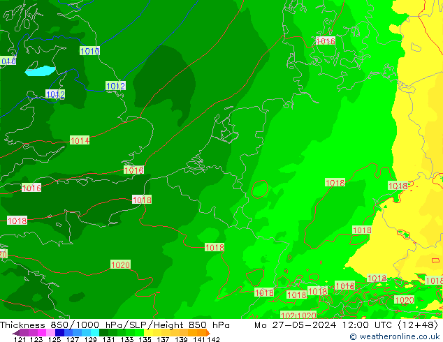 Espesor 850-1000 hPa Arpege-eu lun 27.05.2024 12 UTC