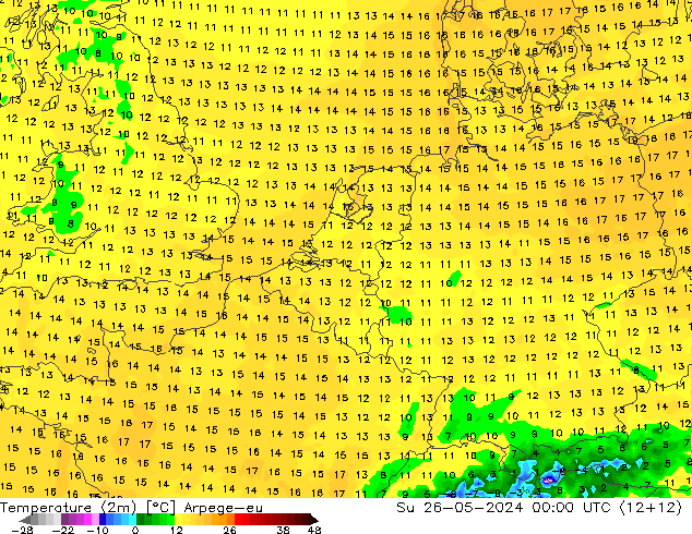 Temperatuurkaart (2m) Arpege-eu zo 26.05.2024 00 UTC