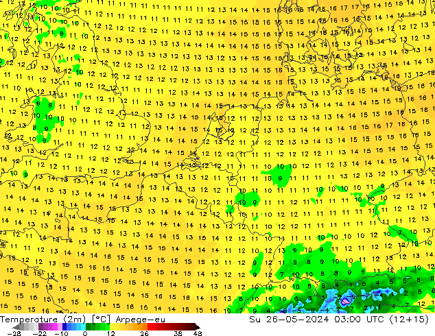 Temperatuurkaart (2m) Arpege-eu zo 26.05.2024 03 UTC