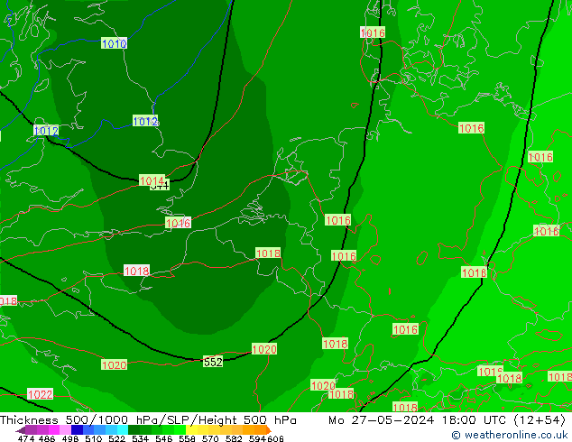 Espesor 500-1000 hPa Arpege-eu lun 27.05.2024 18 UTC