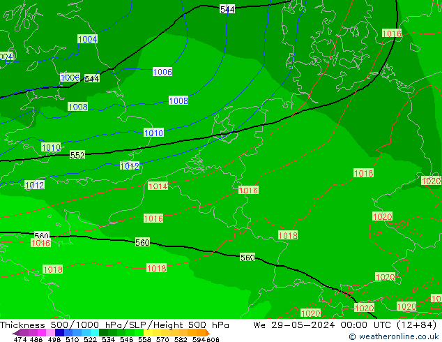 Espesor 500-1000 hPa Arpege-eu mié 29.05.2024 00 UTC