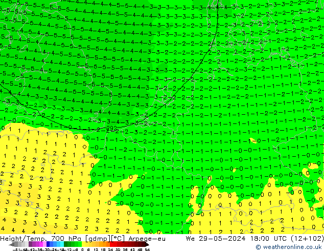 Geop./Temp. 700 hPa Arpege-eu mié 29.05.2024 18 UTC