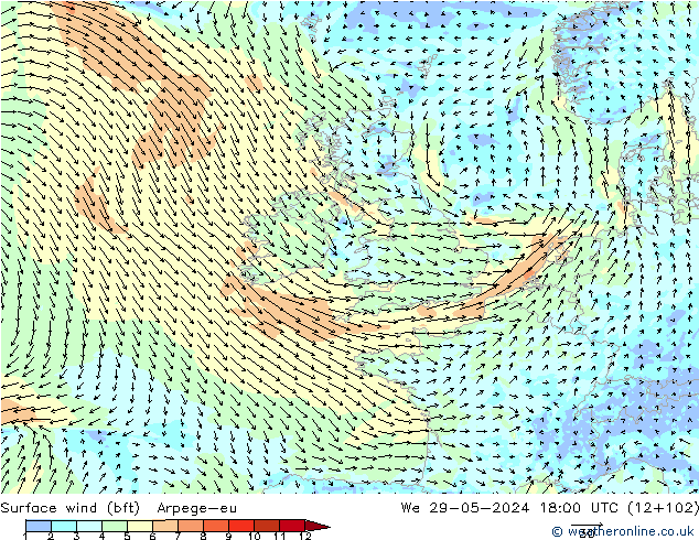 Surface wind (bft) Arpege-eu St 29.05.2024 18 UTC