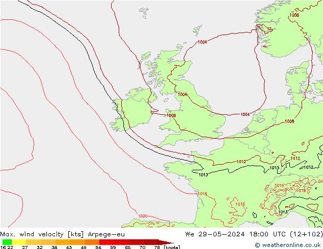 Max. wind velocity Arpege-eu We 29.05.2024 18 UTC