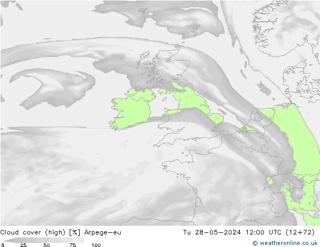 Cloud cover (high) Arpege-eu Tu 28.05.2024 12 UTC