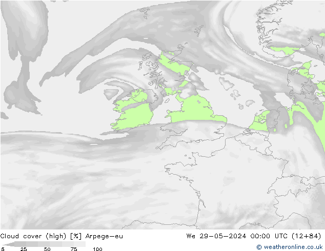 Cloud cover (high) Arpege-eu We 29.05.2024 00 UTC