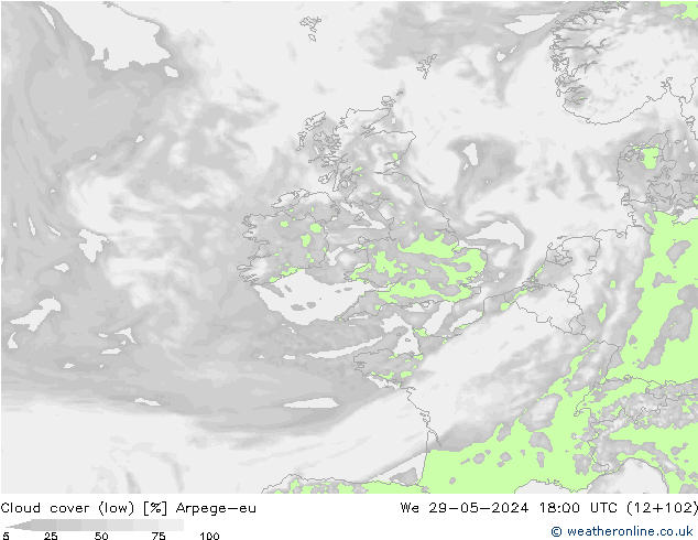Cloud cover (low) Arpege-eu We 29.05.2024 18 UTC