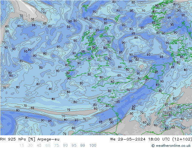 RH 925 hPa Arpege-eu We 29.05.2024 18 UTC