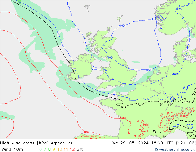 High wind areas Arpege-eu St 29.05.2024 18 UTC