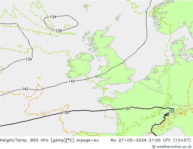 Height/Temp. 850 hPa Arpege-eu Seg 27.05.2024 21 UTC