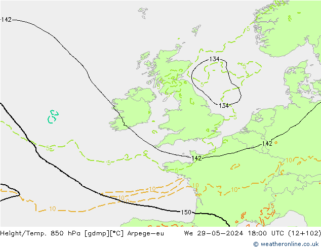 Geop./Temp. 850 hPa Arpege-eu mié 29.05.2024 18 UTC