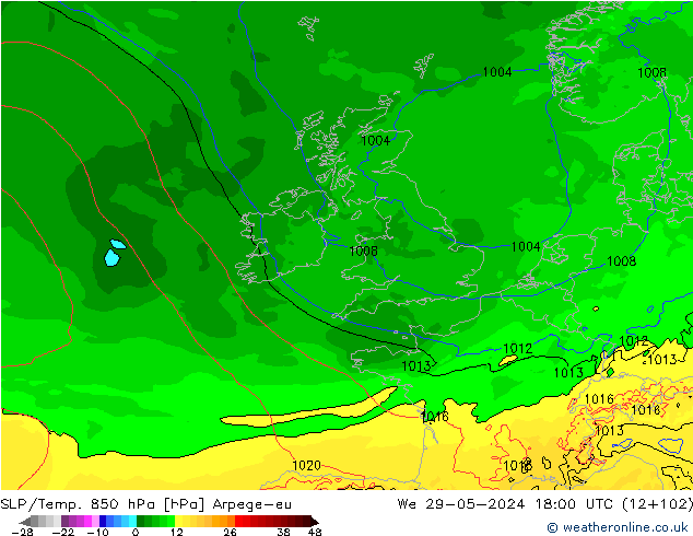 SLP/Temp. 850 hPa Arpege-eu We 29.05.2024 18 UTC