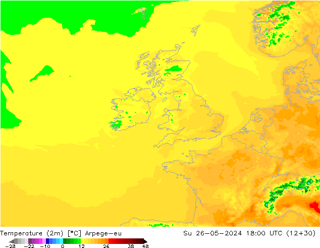 Temperatuurkaart (2m) Arpege-eu zo 26.05.2024 18 UTC