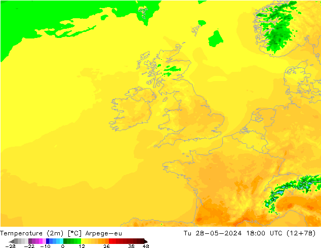 Temperatura (2m) Arpege-eu Ter 28.05.2024 18 UTC