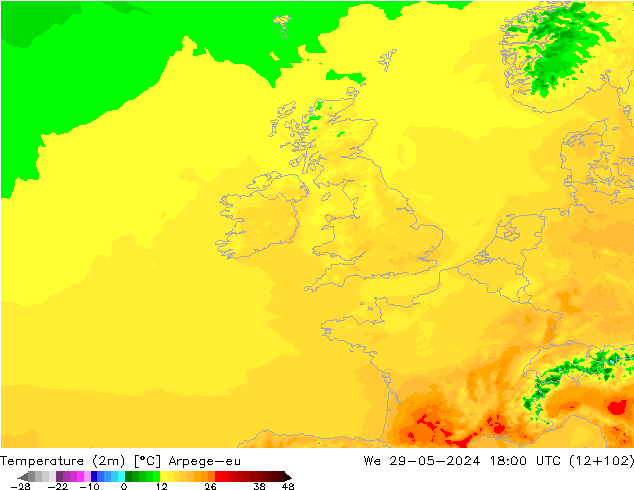 Temperatura (2m) Arpege-eu Qua 29.05.2024 18 UTC