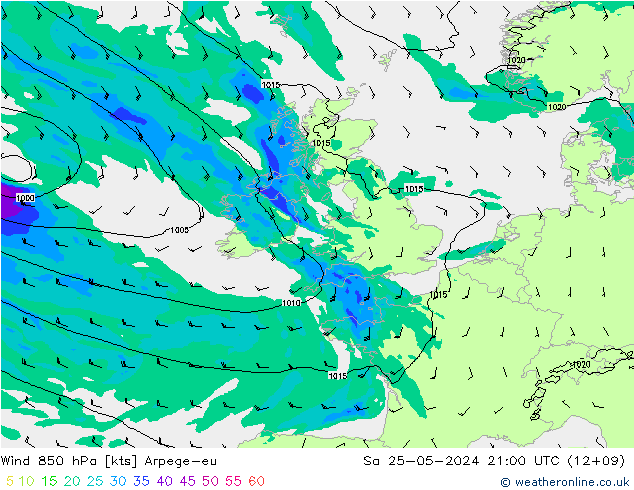 Wind 850 hPa Arpege-eu za 25.05.2024 21 UTC