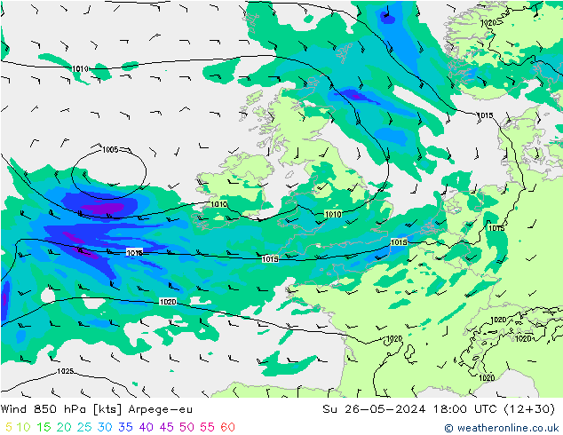 Wind 850 hPa Arpege-eu zo 26.05.2024 18 UTC