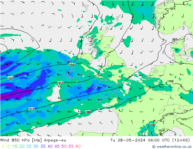 Vento 850 hPa Arpege-eu Ter 28.05.2024 06 UTC