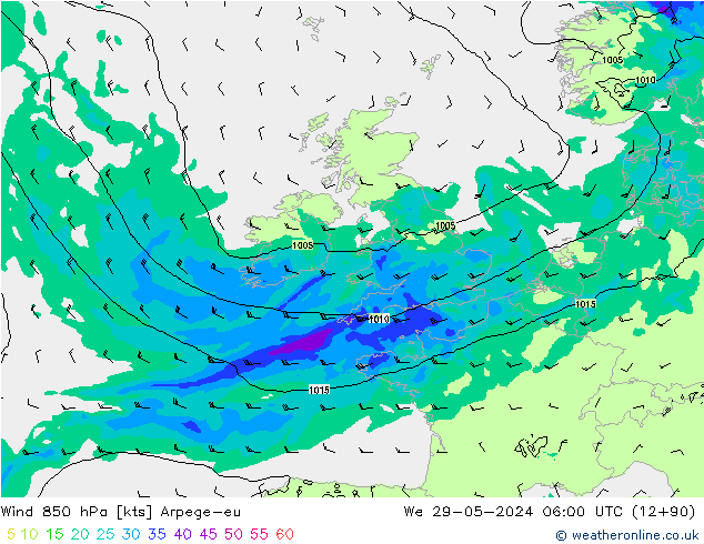 Wind 850 hPa Arpege-eu We 29.05.2024 06 UTC