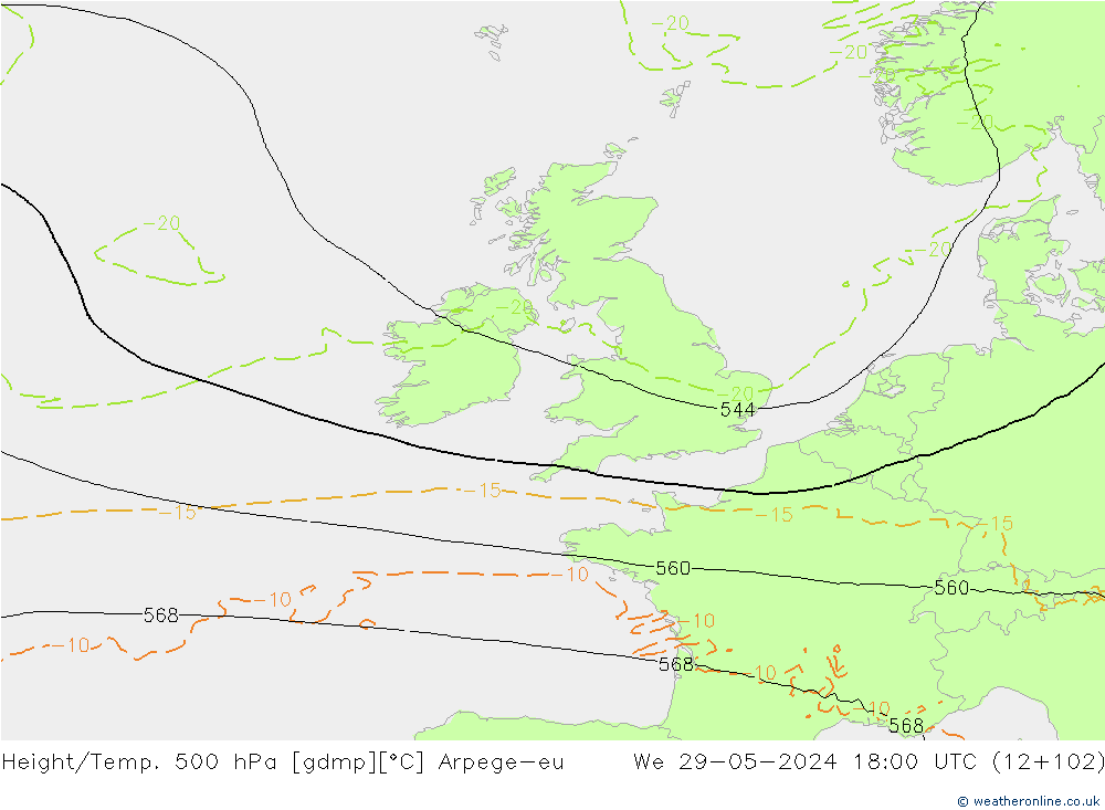 Height/Temp. 500 hPa Arpege-eu Mi 29.05.2024 18 UTC