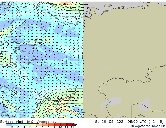 Surface wind (bft) Arpege-eu Su 26.05.2024 06 UTC