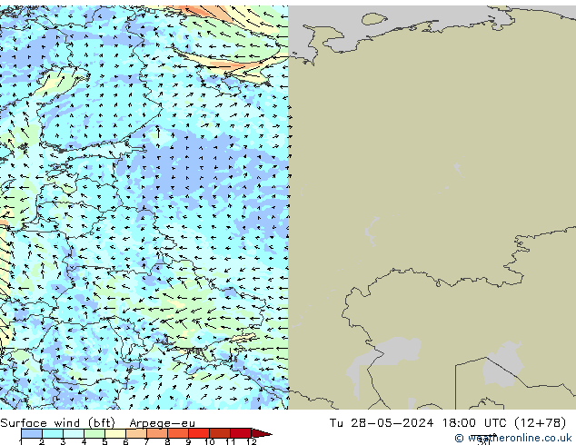 Surface wind (bft) Arpege-eu Tu 28.05.2024 18 UTC