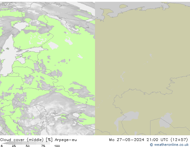 Cloud cover (middle) Arpege-eu Mo 27.05.2024 21 UTC
